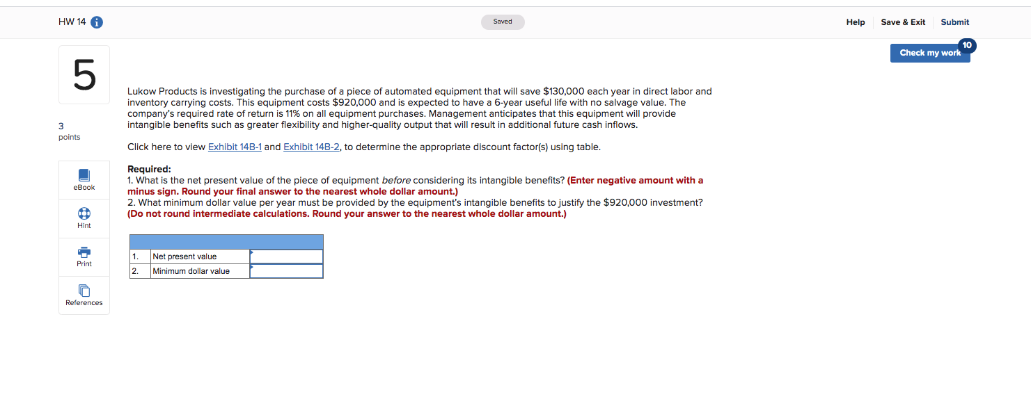  HW 14 A Saved Help Save & Exit Submit 10 Check