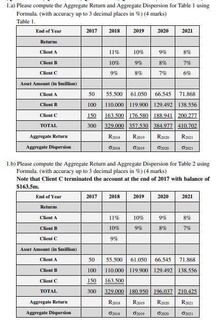  2019 La) Please compute the Aggregate Return and Aggregate Dispersion for