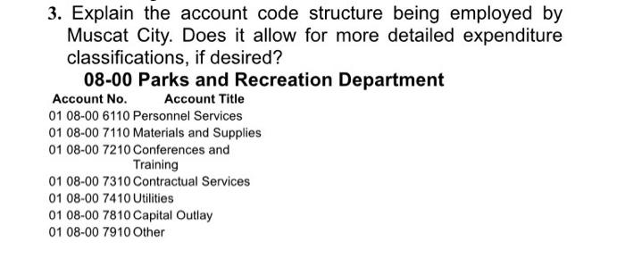  3. Explain the account code structure being employed by Muscat City.
