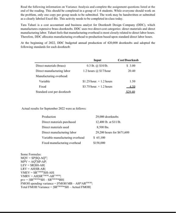  Read the following information on Variance Analysis and complete the assignment