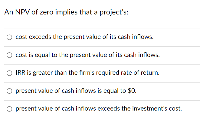  An NPV of zero implies that a project's: cost exceeds the