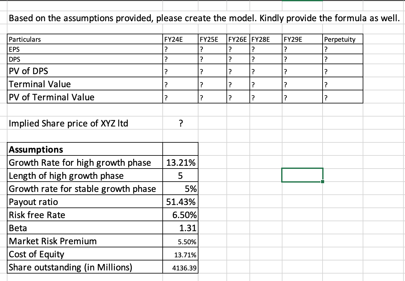  Based on the assumptions provided, please create the model. Kindly provide