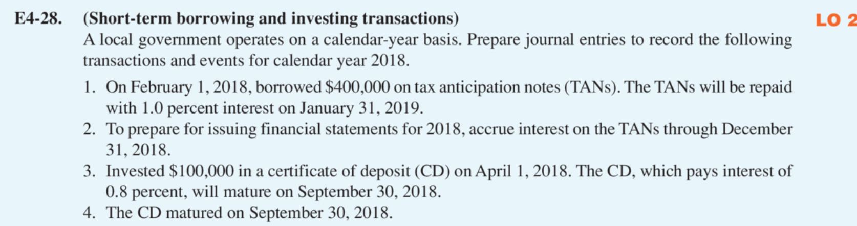  LO 2 E4-28. (Short-term borrowing and investing transactions) A local government