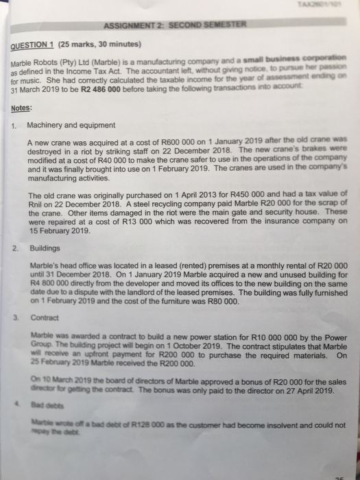  ASSIGNMENT 2: SECOND SEMESTER QUESTION 1 (25 marks, 30 minutes) Marble