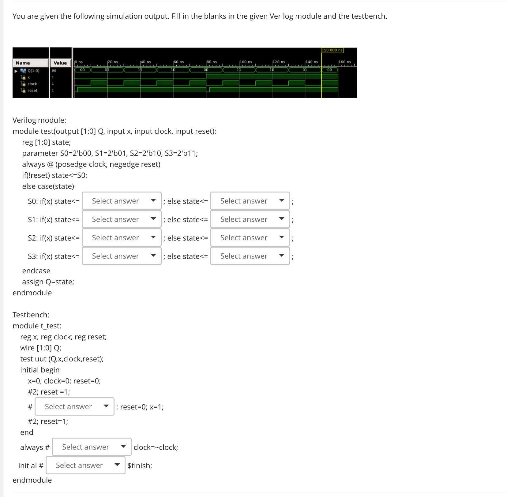  Verilog module: module test(output [1:0] Q, input x, input clock, input