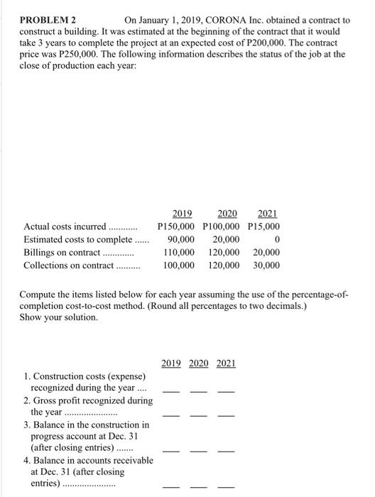  PROBLEM 2 On January 1, 2019, CORONA Inc. obtained a contract