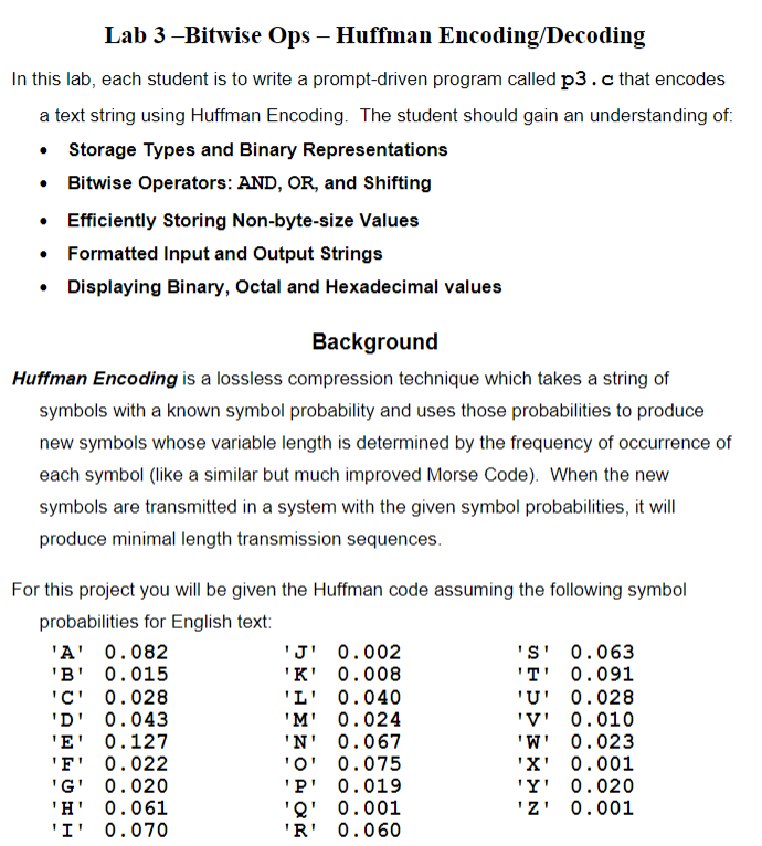  please post code in C language. Lab 3-Bitwise Ops - Huffman