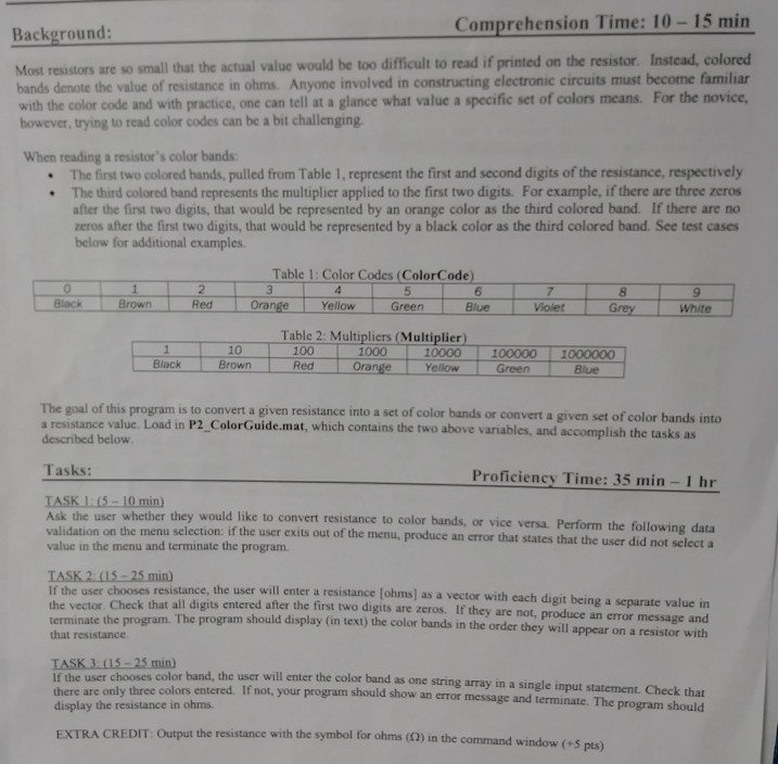 MATLAB need help please! Comprehension Time: 10-15 min Background: Most resistors are