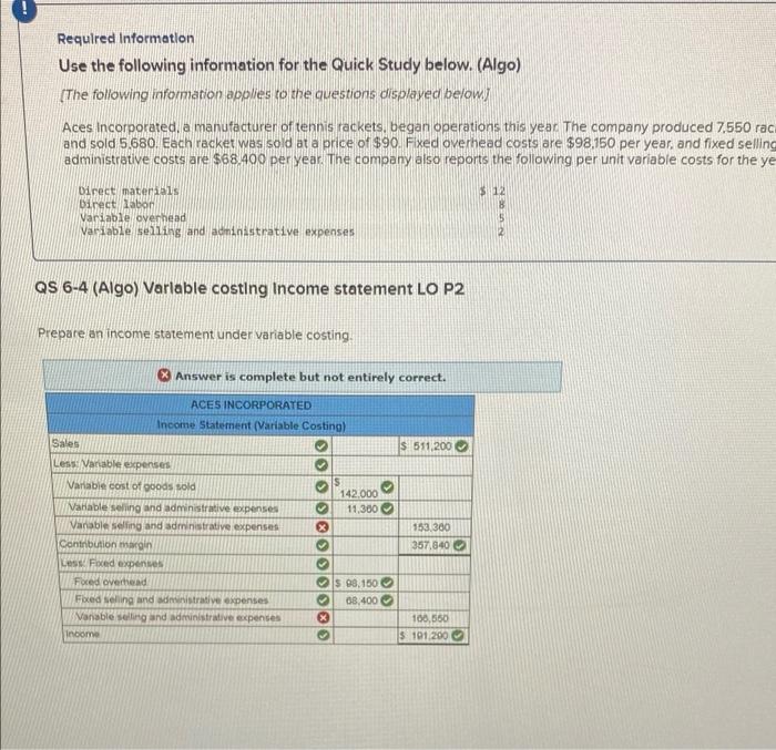  Required Information Use the following information for the Quick Study below.