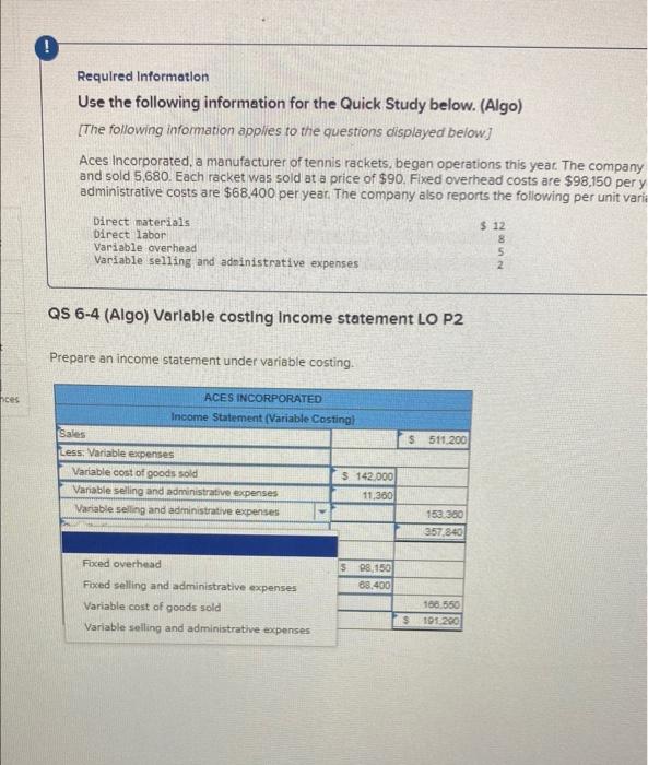 (Algo) (The following information applies to the questions displayed below Aces incorporated,