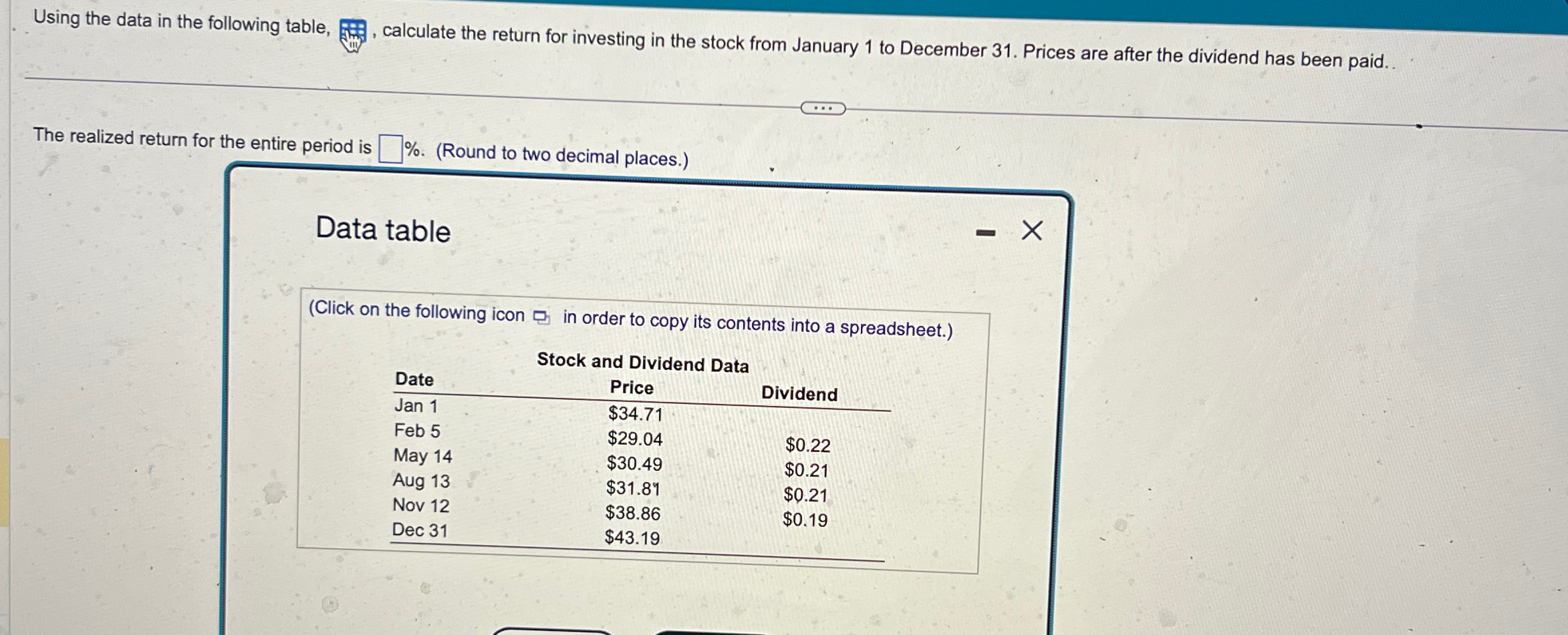  Using the data in the following table, calculate the return for