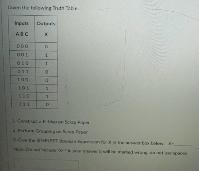  Given the following Truth Table: 1. Construct a K-Map on Scrap