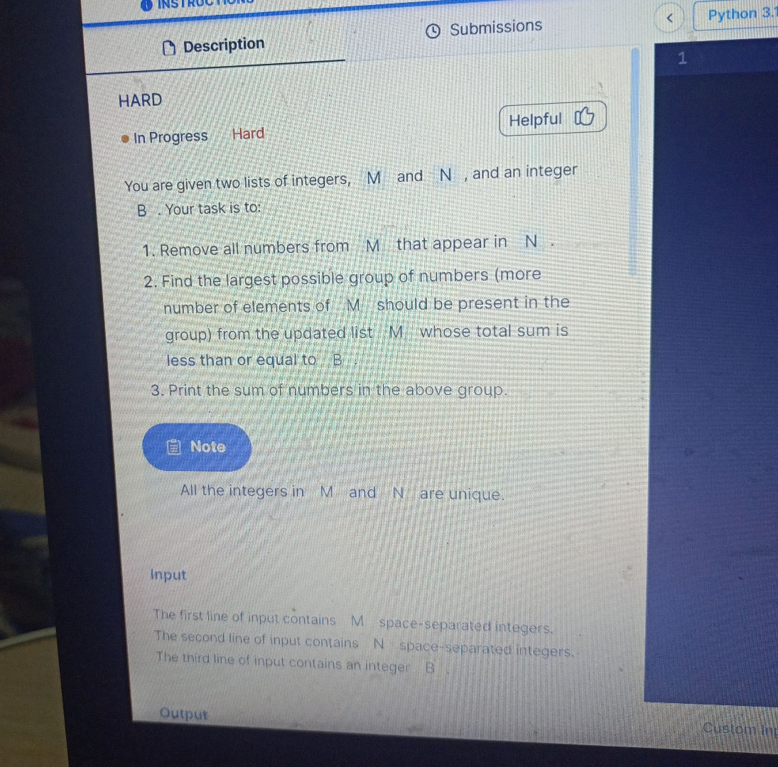  Description Submissions Python 3. HARD In Progress Hard You are given