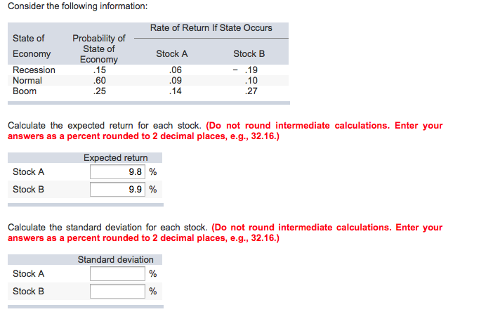  Consider the following information: Calculate the expected return for each stock.