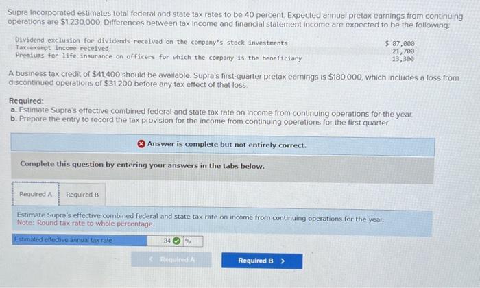  please show work and correct answer! Supra incorporated estimates total federal