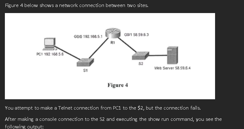 sites. You attempt to make a Telnet connection from PC1 to the