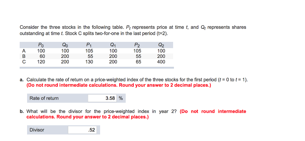 Consider the three stocks in the following table. Pt represents price