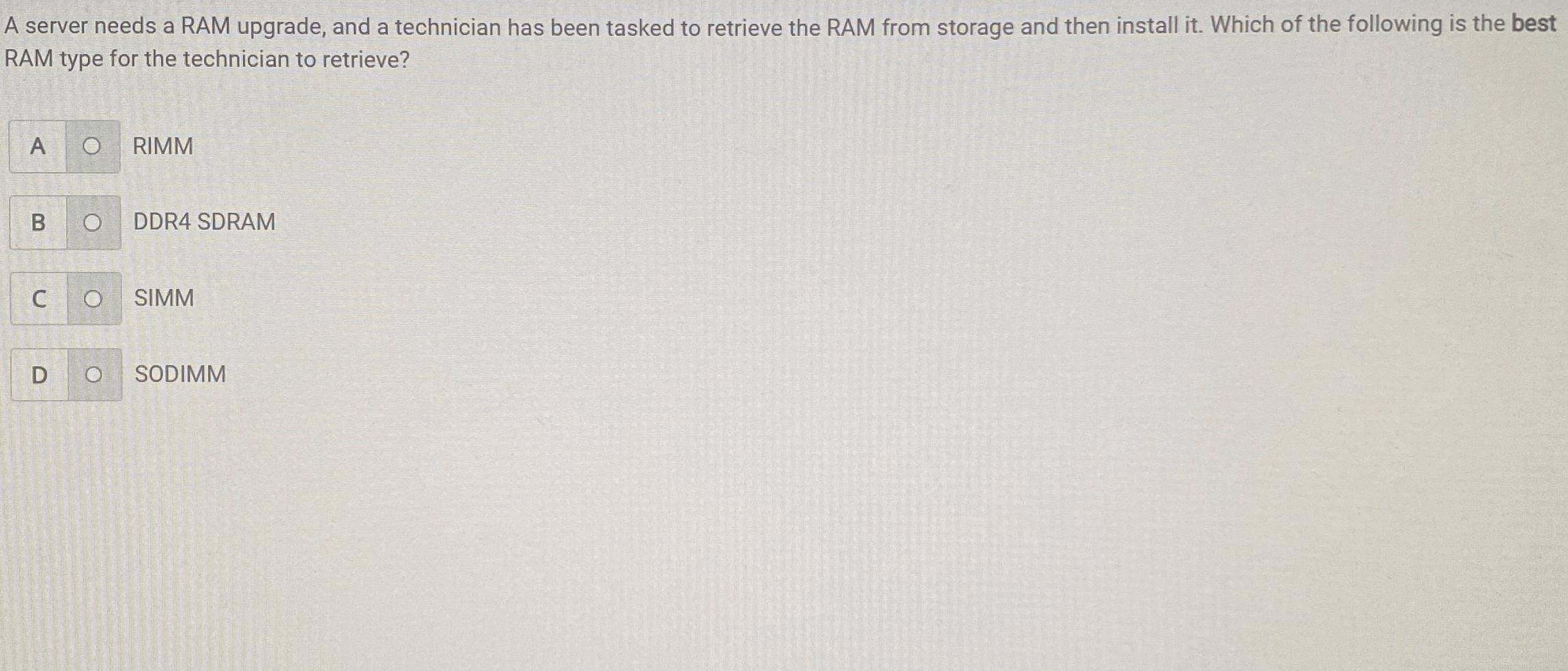  A server needs a RAM upgrade, and a technician has been