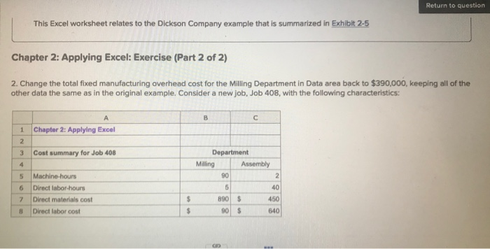  Return to question This Excel worksheet relates to the Dickson Company
