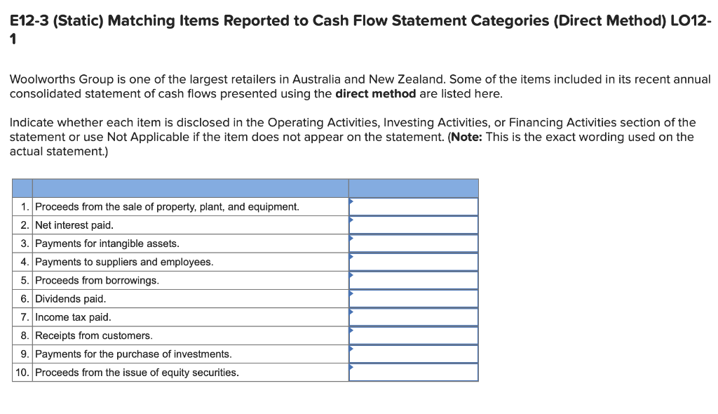  E12-3 (Static) Matching Items Reported to Cash Flow Statement Categories (Direct