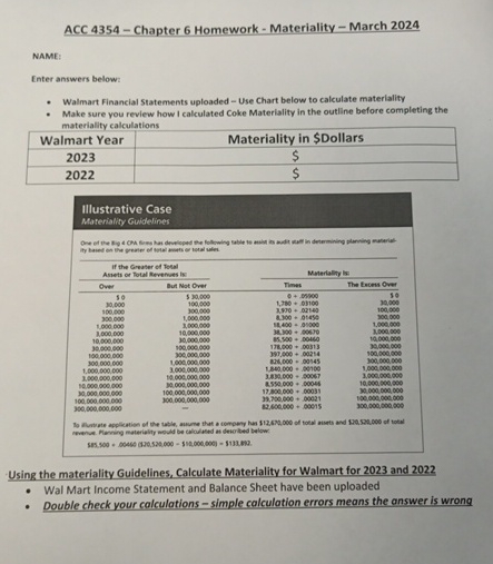  ACC 4354- Chapter 6 Homework - Materiality - March 2024 NAME: