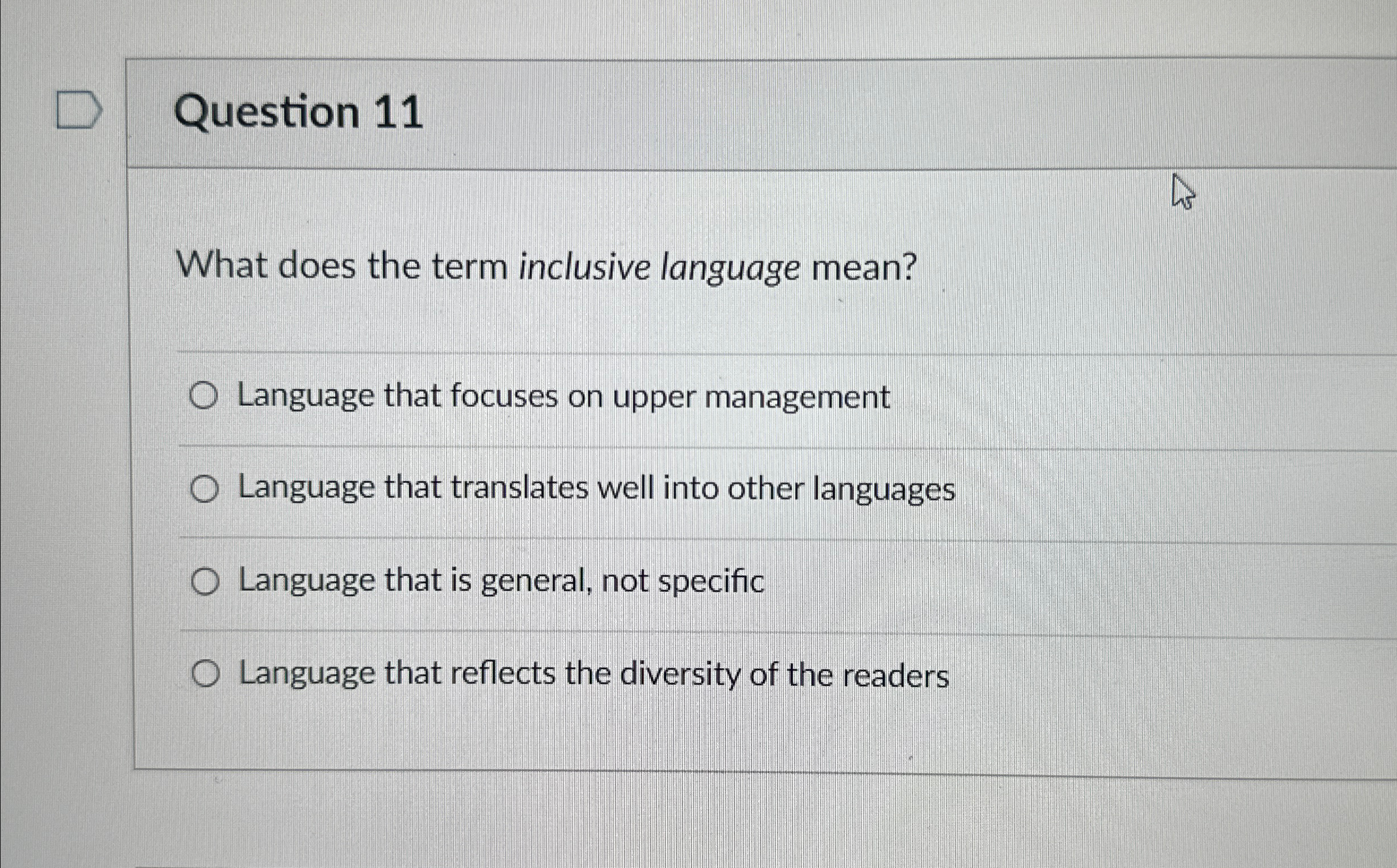  Question 11 What does the term inclusive language mean? Language that