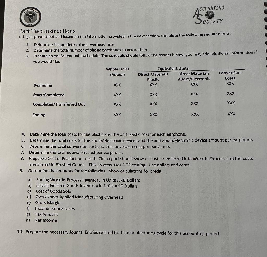 Answer Please! Part Two: Part Two Instructions Using a spreadsheet and based