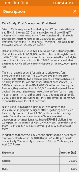 Sitcom Technology Case Case Study: Cost Concept and Cost Sheet Sitcom Technology