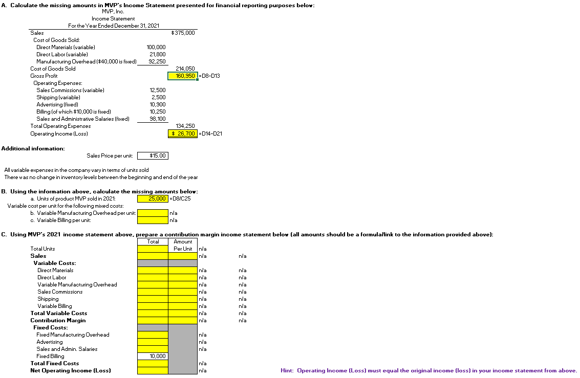 Please do part B and C A. Calculate the missing amounts in