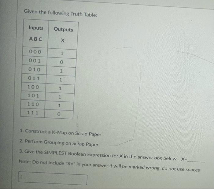  Given the following Truth Table: 1. Construct a K-Map on Scrap