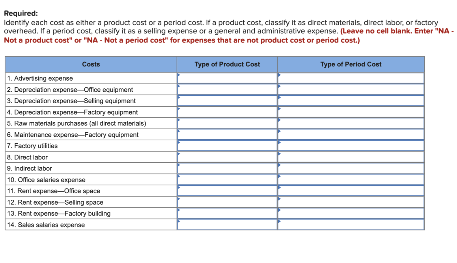  Required: Identify each cost as either a product cost or a