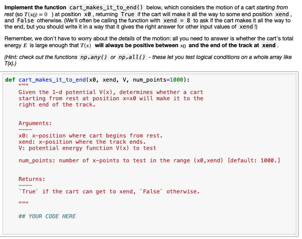 starting from rest at position x0, returning True if the cart will