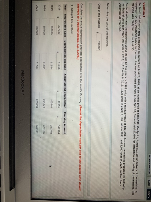  no handwriting please PRINTER VERSION BACK NEXT Question 1 Sunland Limited