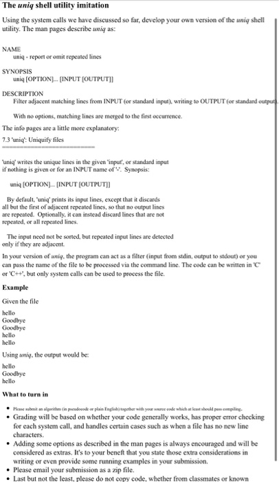  The uniq shell utility imitation Using the system calls we have