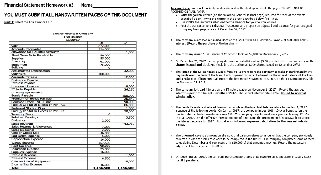  Financial Statement Homework #3 Name YOU MUST SUBMIT ALL HANDWRITTEN PAGES