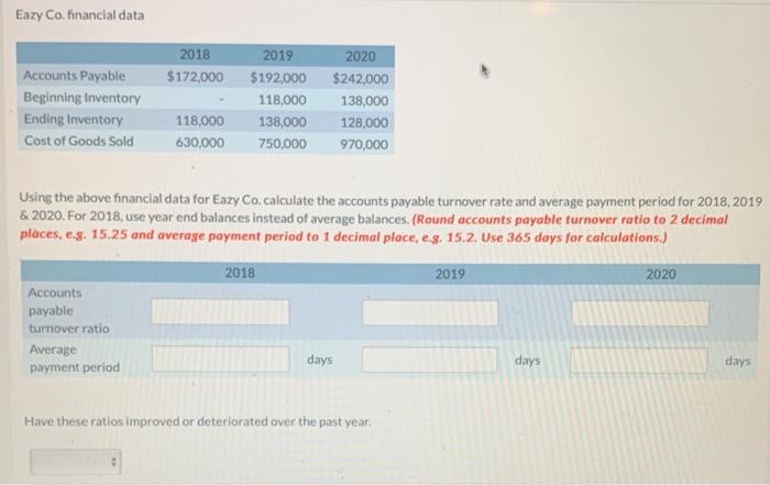 help please:) Eazy Co. financial data 2018 $172,000 Accounts Payable Beginning Inventory