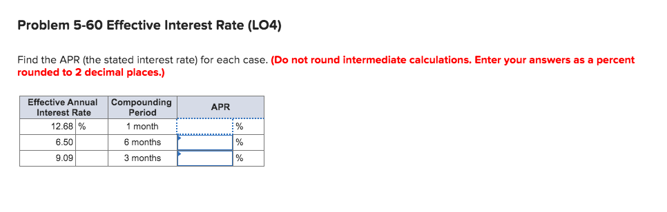 Problem 5-60 Effective Interest Rate (LO4) Find the APR (the stated