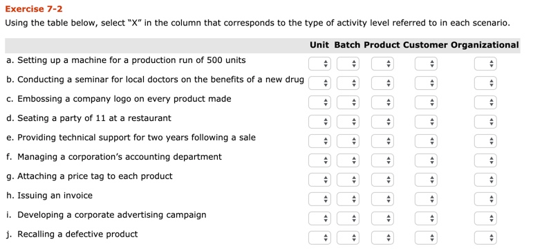  Exercise 7-2 Using the table below, select "X" in the column