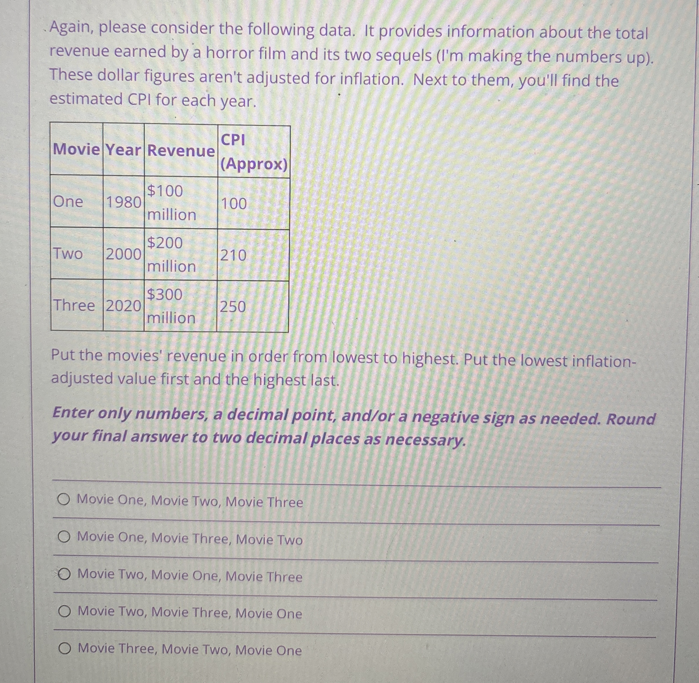  Again, please consider the following data. It provides information about the