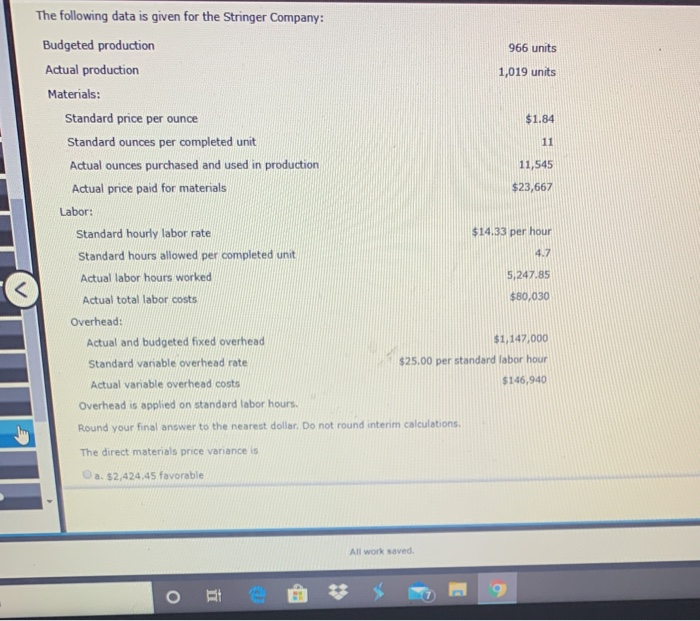  The following data is given for the Stringer Company: 966 units