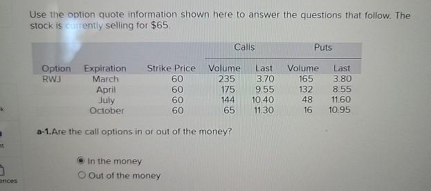  Use the option quote information shown here to answer the questions