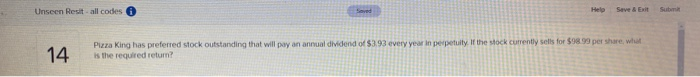  Unseen Resit-all codes Saved Save & Exit Sube 14 Pizza King