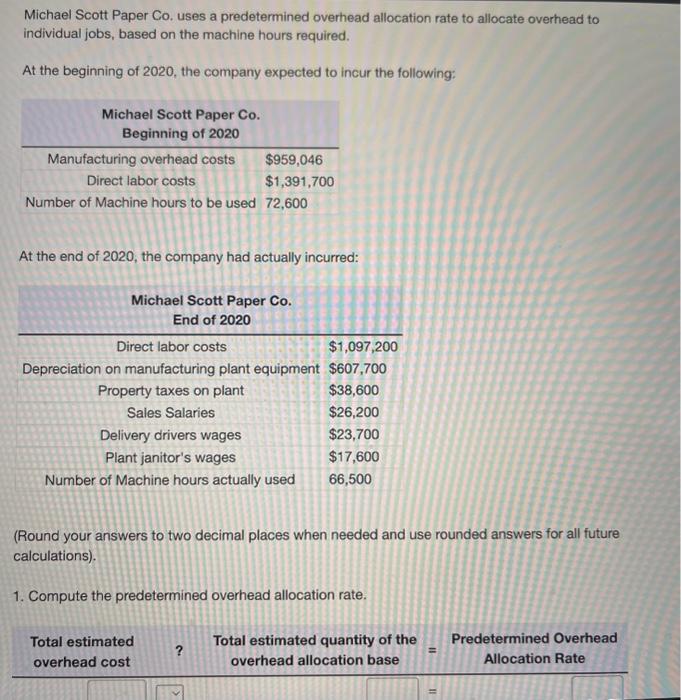  Michael Scott Paper Co. uses a predetermined overhead allocation rate to
