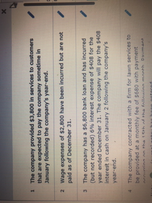 expenses LO P1 a. The company provided $3,800 in services to customers