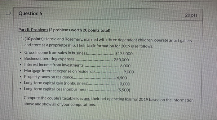  Question 6 20 pts Part II. Problems (2 problems worth 20