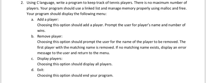  Using C language, write a program to keep track of tennis