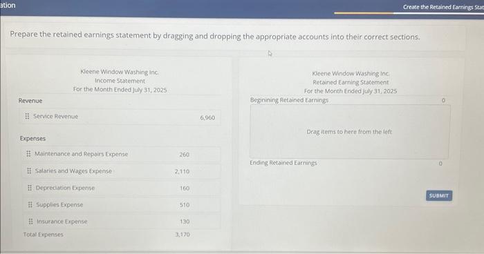  Prepare the retained earnings statement by dragging and dropping the appropriate