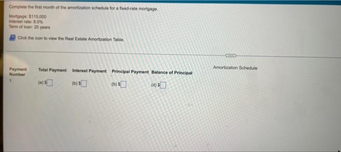  Complets the first month of the amorization schedule for a fixed-rate