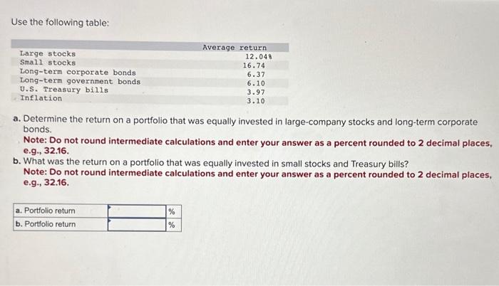 pls help Use the following table: a. Determine the return on a