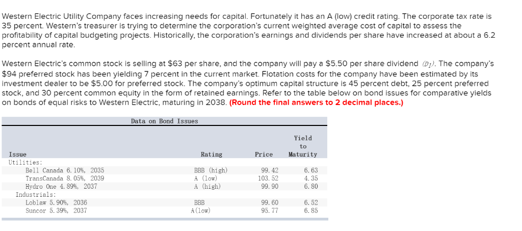  Western Electric Utility Company faces increasing needs for capital. Fortunately it